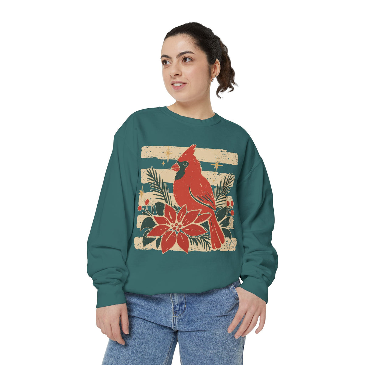 Cardinal & Poinsettia Sweatshirt — Festive Holiday Crewneck
