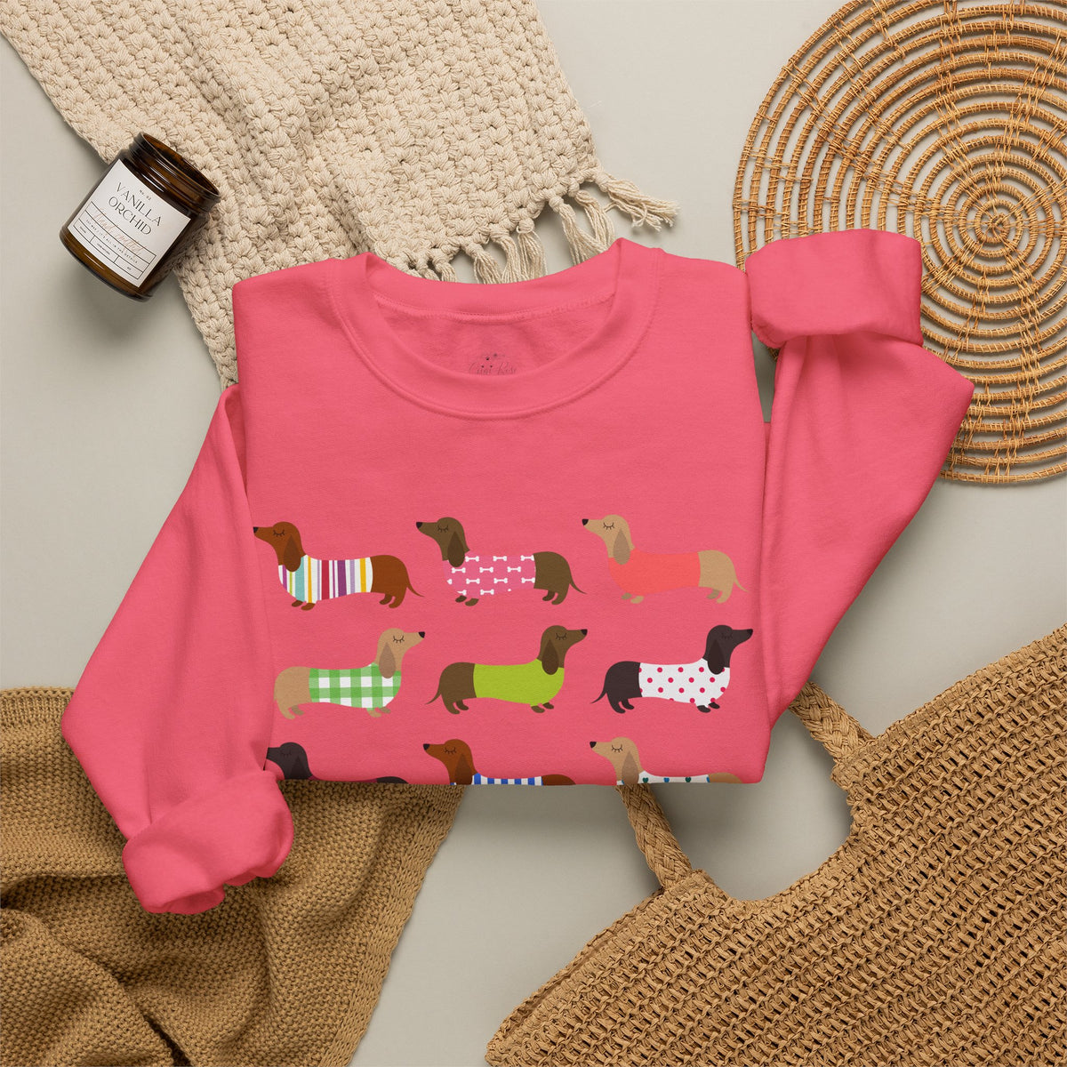 Colorful Dachshund Crewneck Sweatshirt — Vibrant Wiener Dog Design