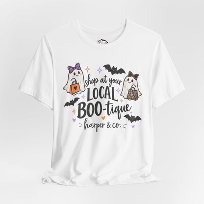 T-Shirt — "Shop at Your Local BOO-tique" Halloween Ghost Boutique Tee