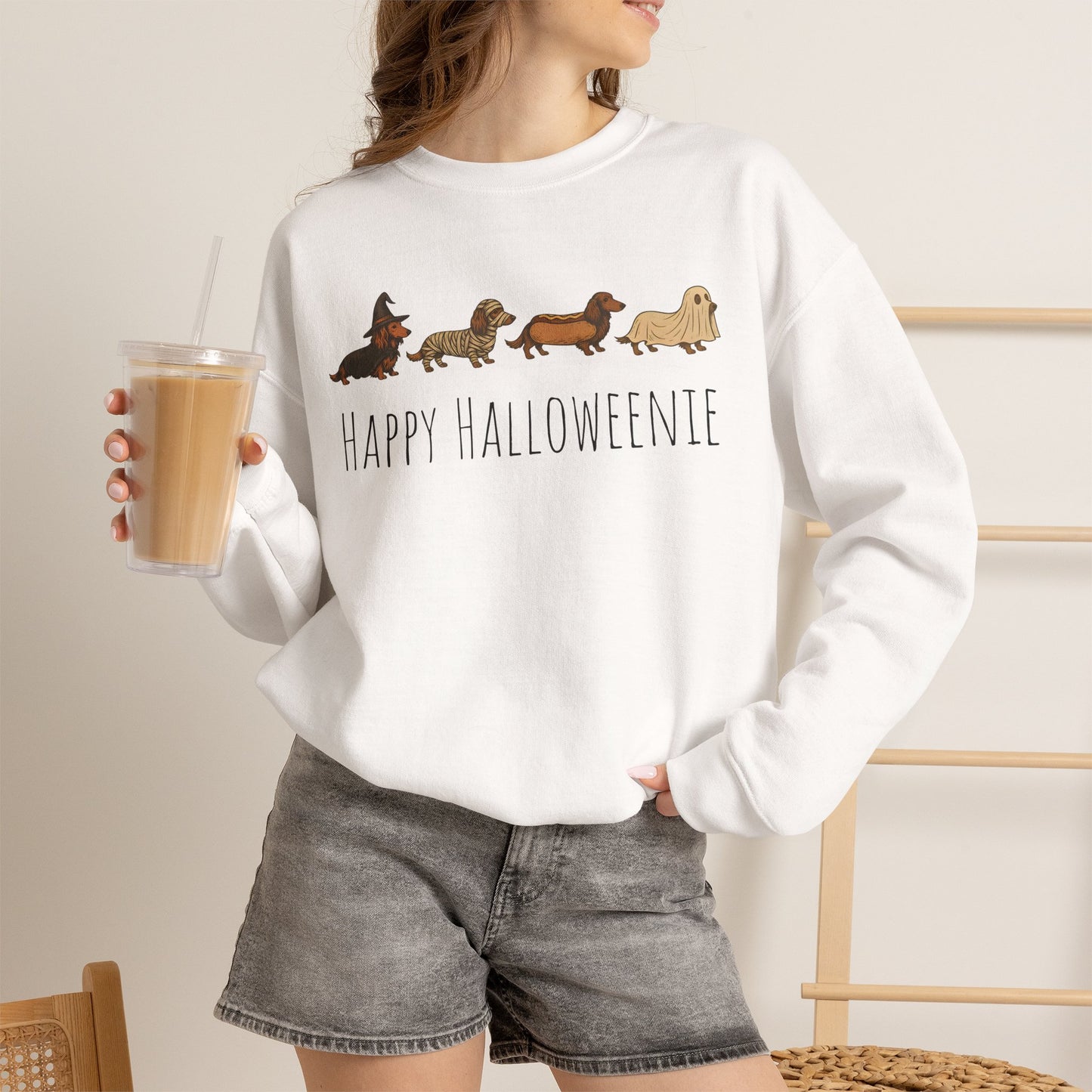Halloween Dachshund Sweatshirt — "Happy Halloweenie" Cute Halloween Dog Crewneck