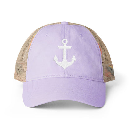 White Anchor Embroidered Women's Washed Mesh-Back Ball Cap