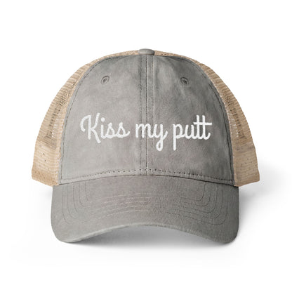 Kiss My Putt Embroidered Women's Washed Mesh-Back Ball Cap