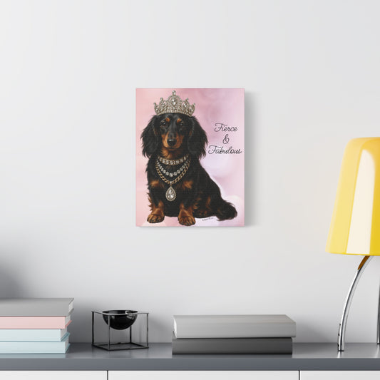 Dachshund Princess Canvas Wall Art — Crowned Sausage Dog Portrait on Pink
