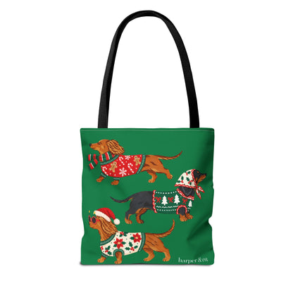 Holiday Dachshund Tote Bag — Christmas Dogs in Festive Sweaters AOP