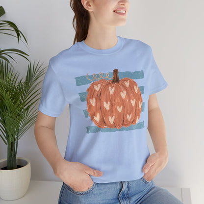 Pumpkin Heart Tee — Rustic Striped Autumn Pumpkin T‑Shirt