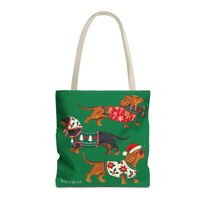 Holiday Dachshund Tote Bag — Christmas Dogs in Festive Sweaters AOP