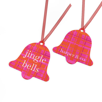 Jingle Bells Pink Plaid Metal Ornament
