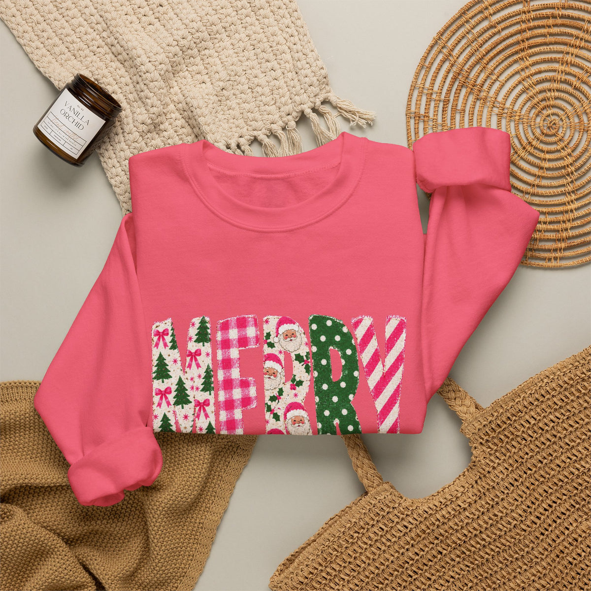 Merry Patchwork Crewneck Sweatshirt — Festive Christmas Plaid & Candy Cane Design