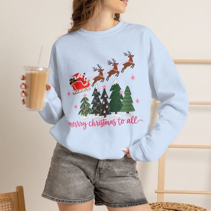 Christmas Crewneck Sweatshirt — "Merry Christmas to All" Santa & Reindeer Holiday Sweatshirt