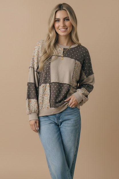 Round Neck Mixed Print Patchwork Pullover
