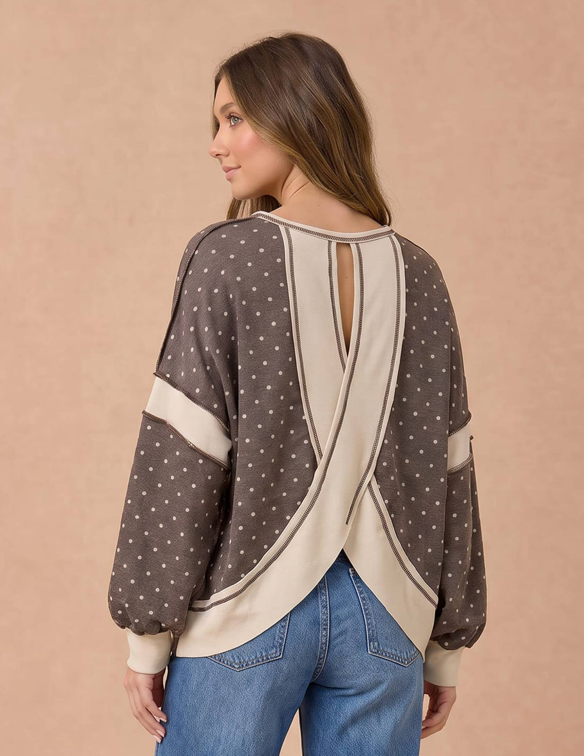 Polka Dot Color-block Cutout Back Full Size Pullover