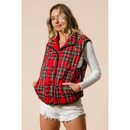 BiBi Vintage Christmas Puff Plaid Quilted Vest