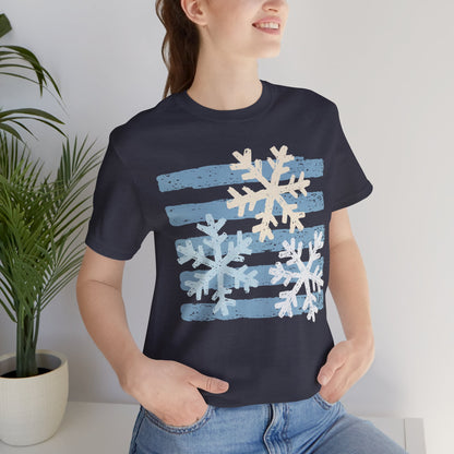 Winter Snowflakes Graphic Tee — Blue Striped Holiday T-Shirt