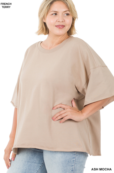 Zenana Plus Size French Terry Drop Shoulder Raw Edge Top