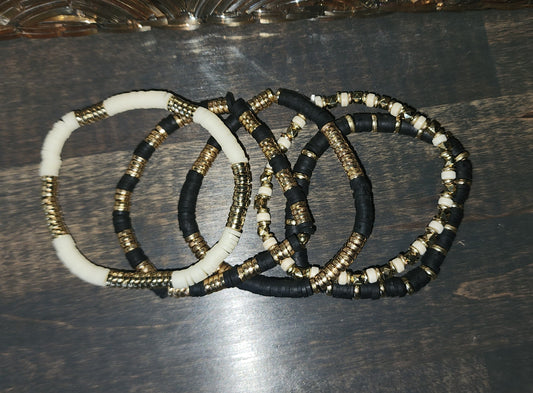 Black, White, Gold Clay Beaded Bracelets, Set of 5