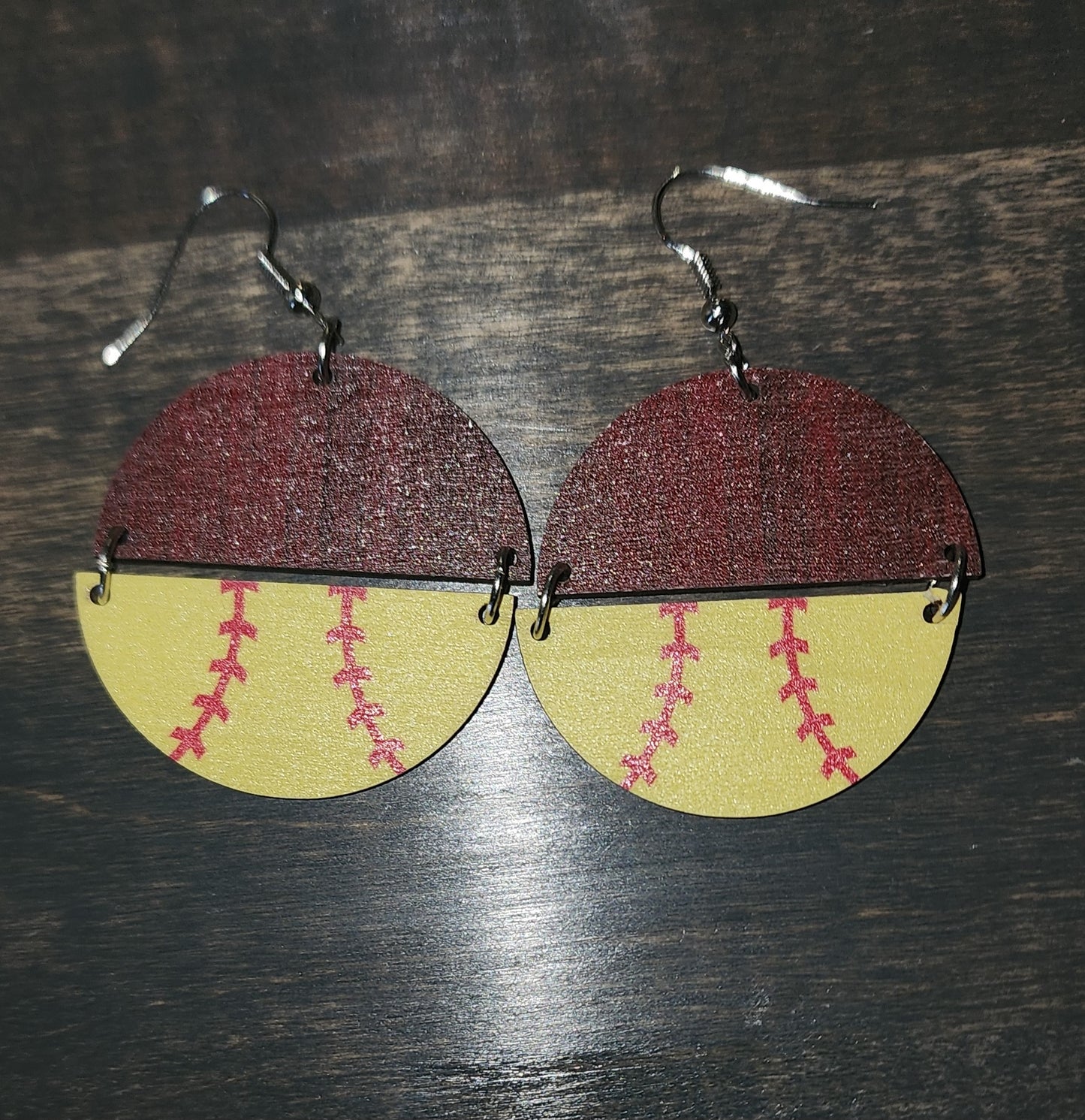 Wooden Softball Dangle Earrings