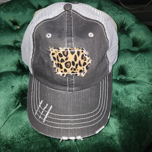 Leopard Fabric State of Iowa Gray Distressed Trucker Hat