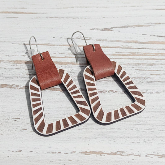 Wooden Trapezoid and Leather Striped Handmade Earrings