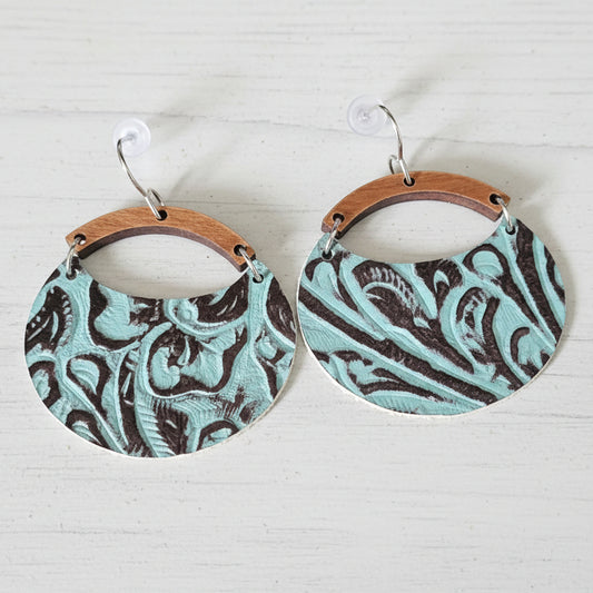 Western Faux Embossed Leather and Wood Handmade Earrings