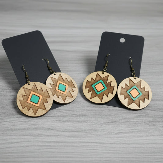 Wooden Engraved Aztec Handmade Earrings
