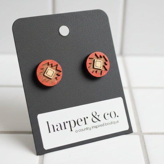 Aztec Wooden Etched Handmade Stud Earrings