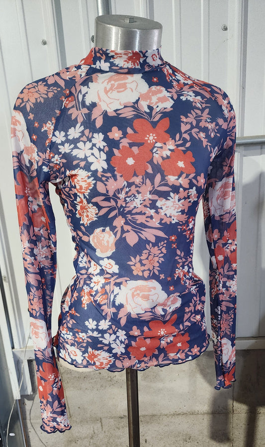 Lovelet Floral Mesh Mock Neck Long Sleeve Top Multiple Colors