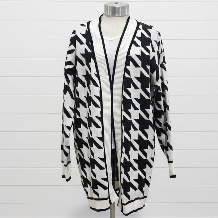 Mandy Woven Right Houndstooth Open Front Longline Cardigan