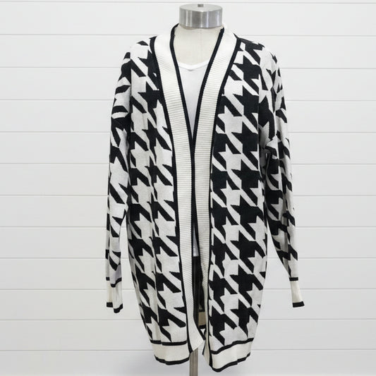 Mandy Woven Right Houndstooth Open Front Longline Cardigan