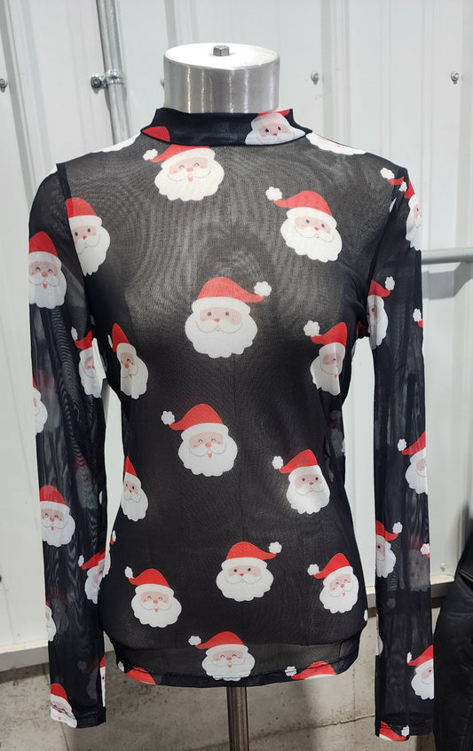 Christmas Santa Print Mesh Long Sleeve Top