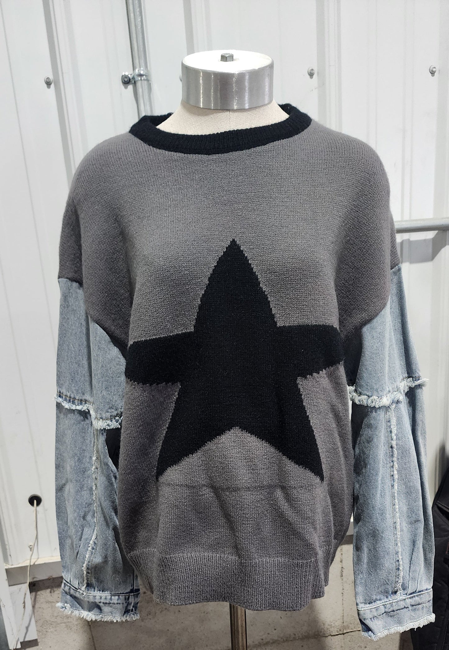 Double Take Full Size Star Pattern Raw Edge Long Sleeve Sweater