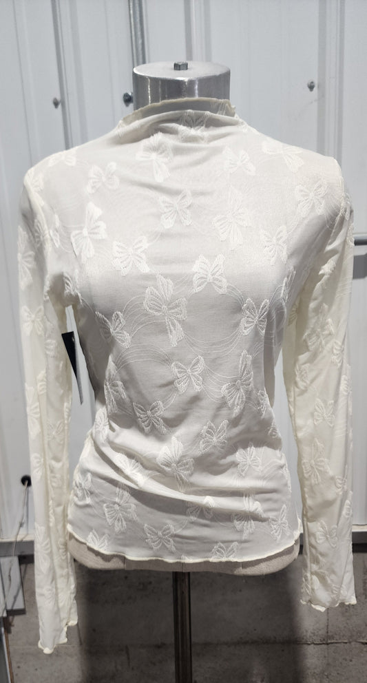 Bow Print Mock Neck Mesh Long Sleeve T-Shirt
