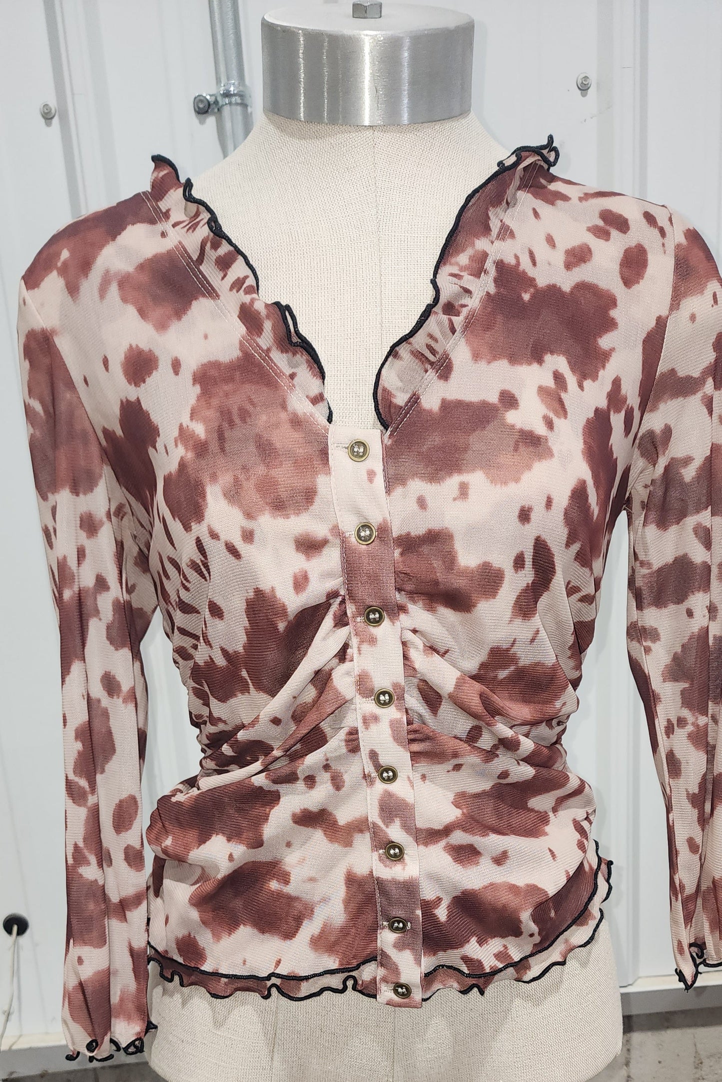 Oh Full Size Animal Print Mesh Button Down Plunge Top