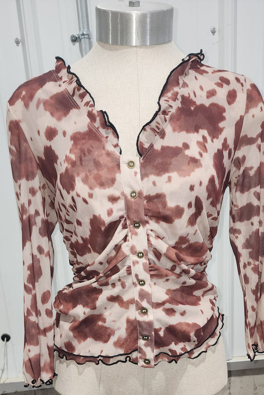 Oh Full Size Animal Print Mesh Button Down Plunge Top