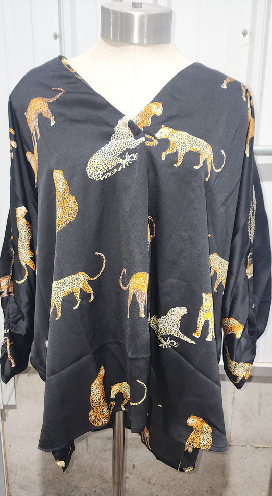 Umgee Full Size High-Low Satin Animal Print V-Neck Blouse