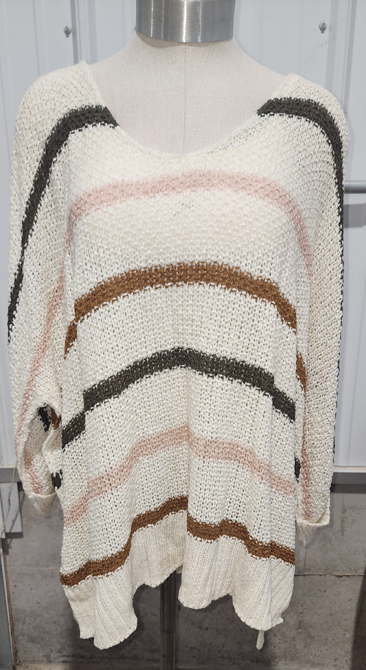 ADORA Full Size Multi Color Strip Sweater Plus Size