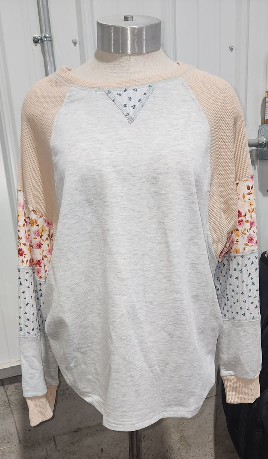 Light Grey Mixed Print Raglan Sleeve Patchwork Exposed Seam Pullover Top