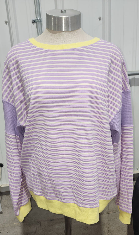 Purple Stripe Contrast Trim Color-block Patchwork Drop Shoulder Knit Top