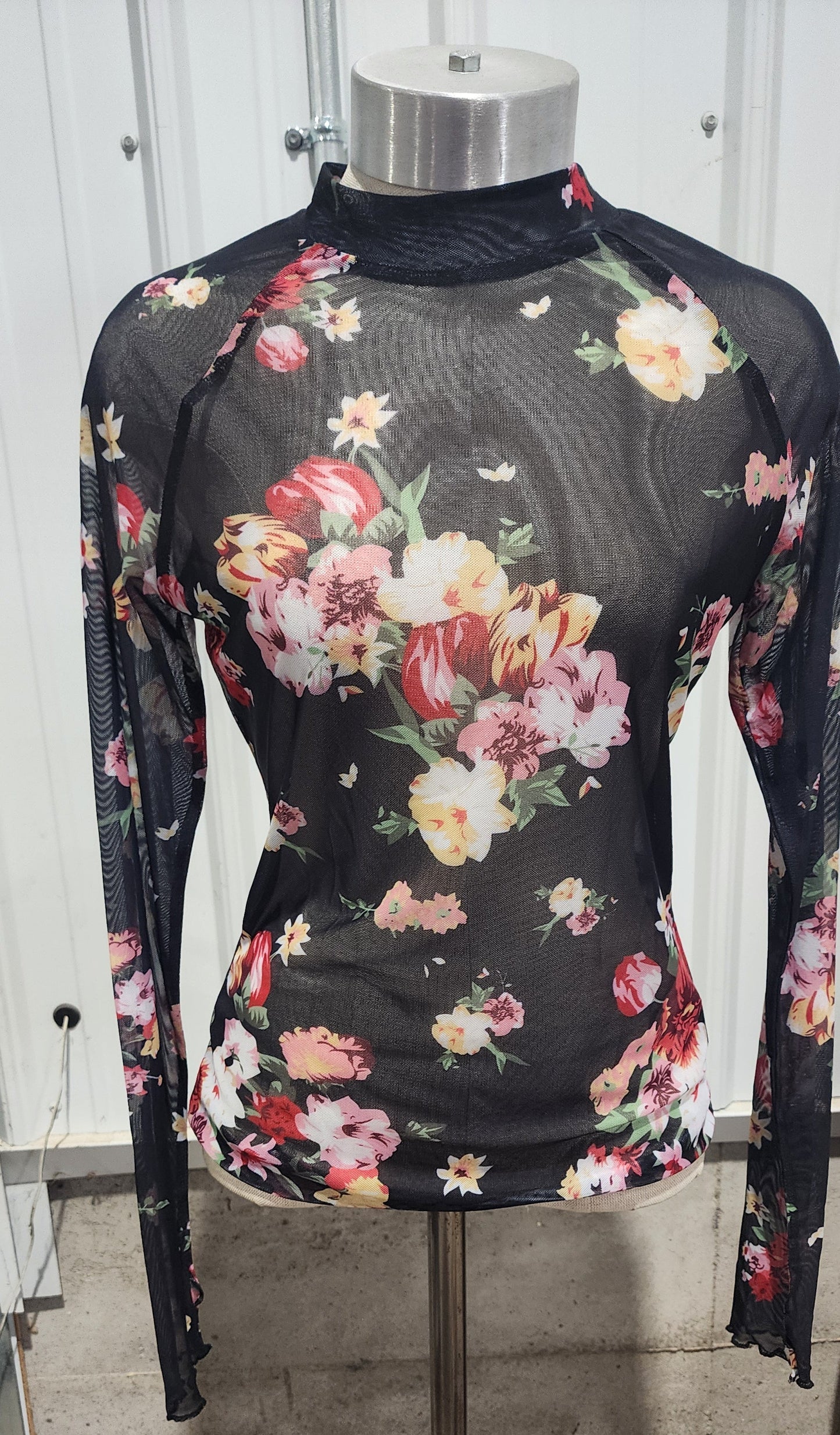 Lovelet Floral Mesh Mock Neck Long Sleeve Top Multiple Colors