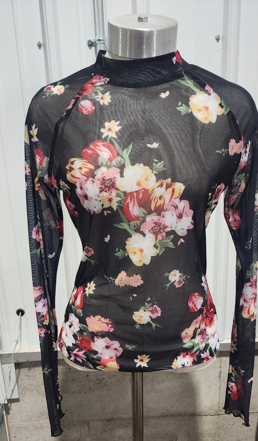 Lovelet Floral Mesh Mock Neck Long Sleeve Top Multiple Colors