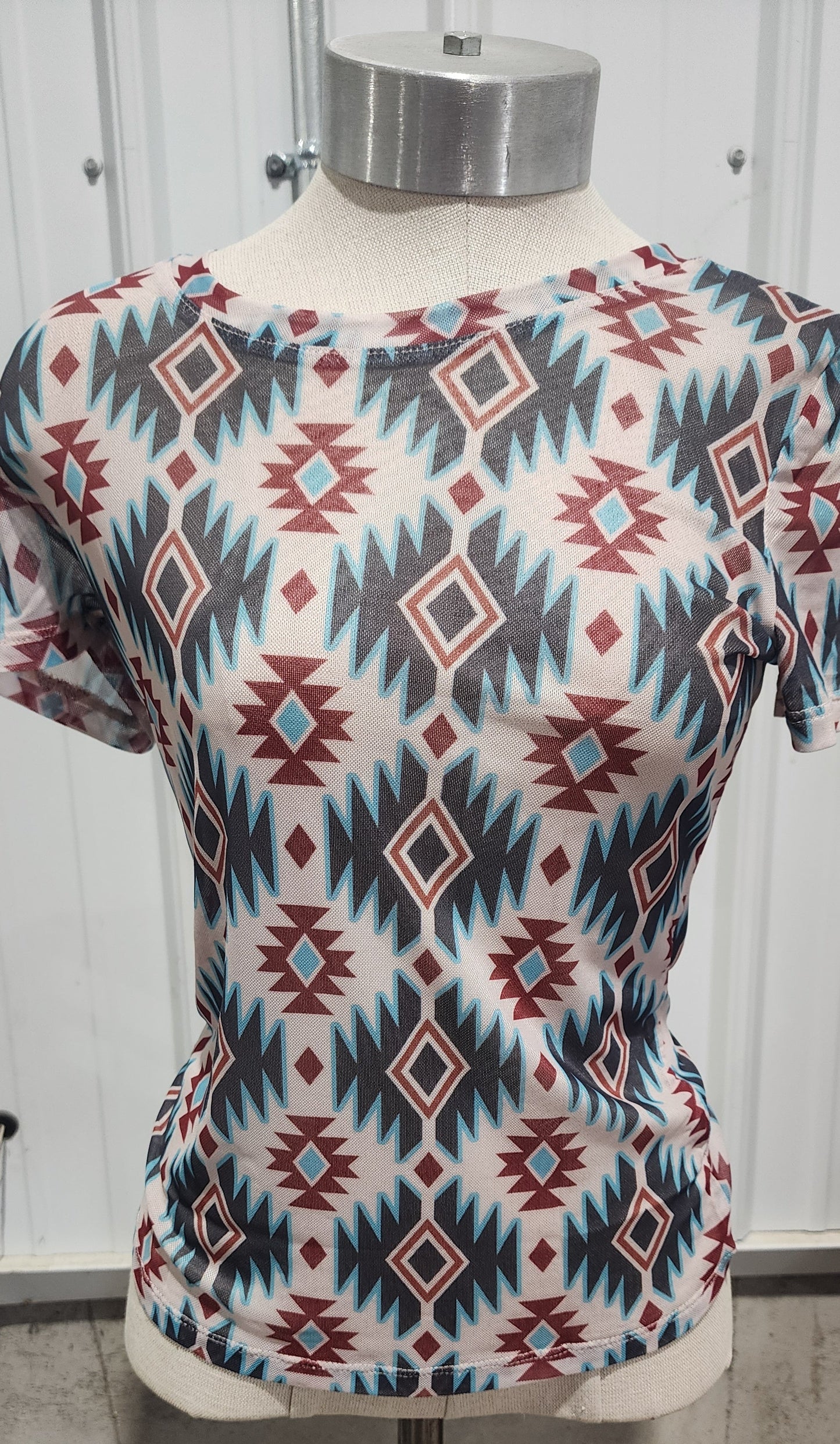 Western Aztec Print Mesh Slim T Shirt