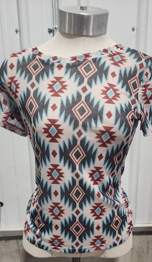 Western Aztec Print Mesh Slim T Shirt