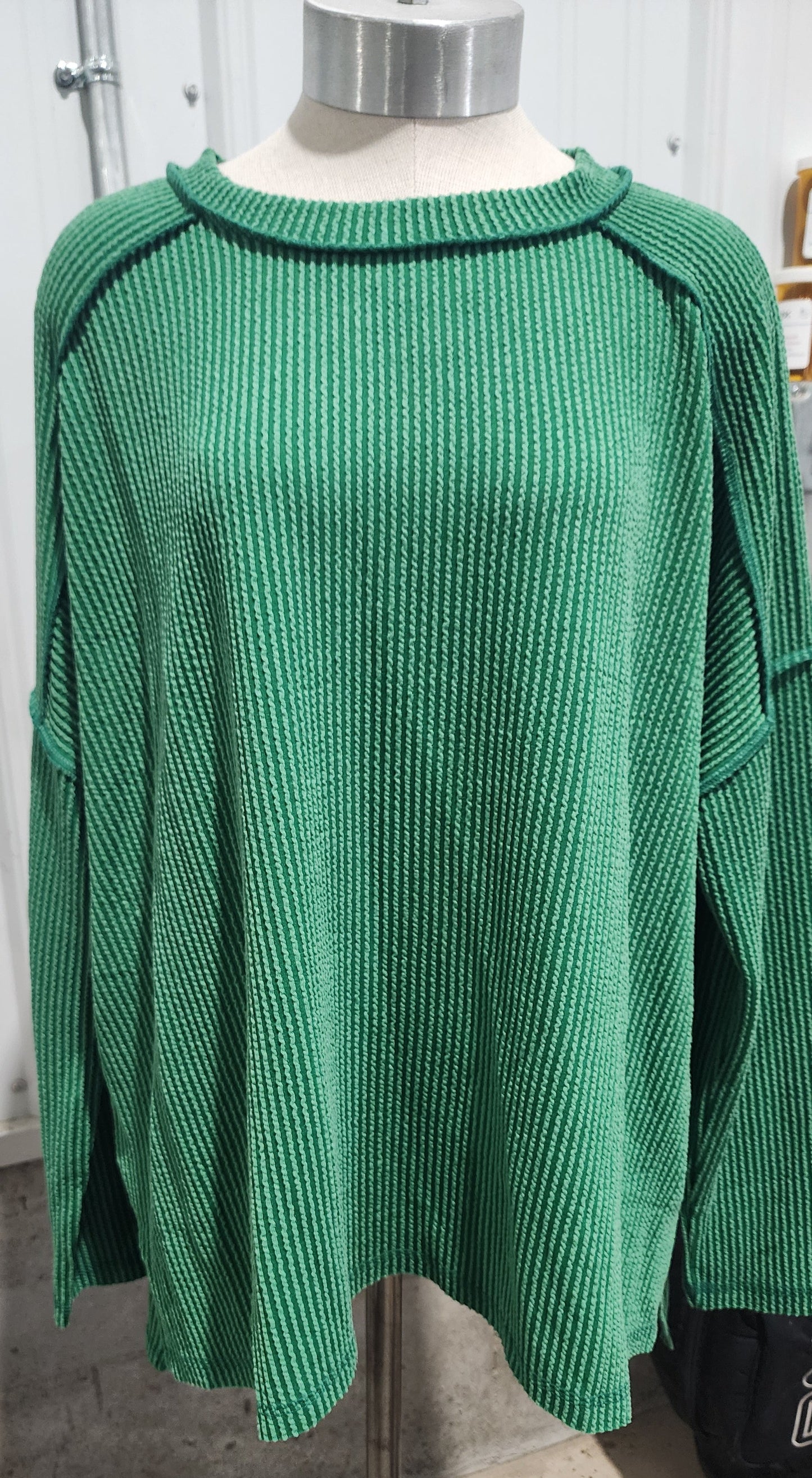 Zenana Full Size Exposed Seam Long Sleeve Corded Rib Knit Top