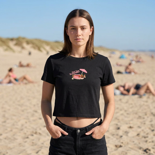Hot Dog Summer - Organic Rib Baby Tee — Pink Floral Diner Dachshund Weenie Dog Graphic