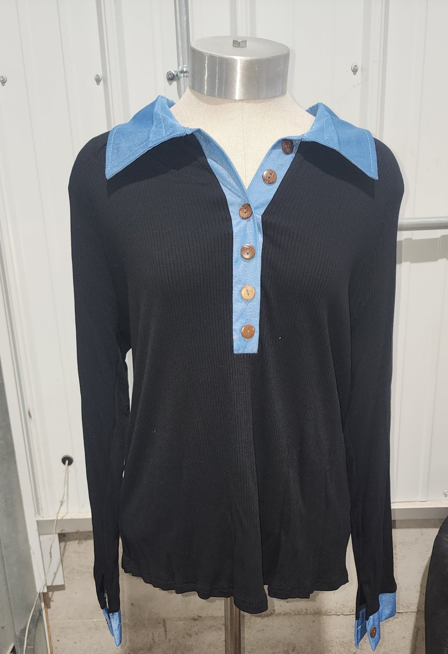 Maura Full Size Denim Trim Button Front Ribbed Knit Top