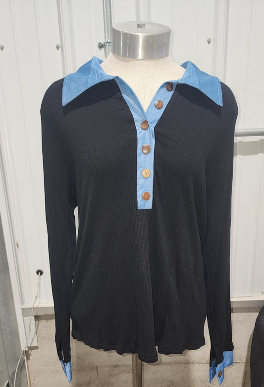 Maura Full Size Denim Trim Button Front Ribbed Knit Top