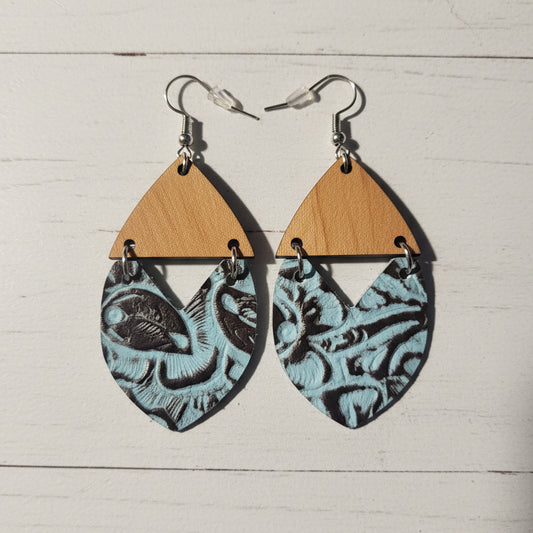 Western Faux Embossed Leather and Wood Handmade Earrings