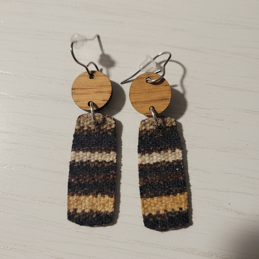 Striped Tweed and Wood Handmade Earrings