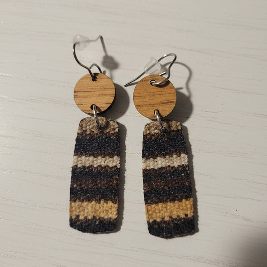 Striped Tweed and Wood Handmade Earrings