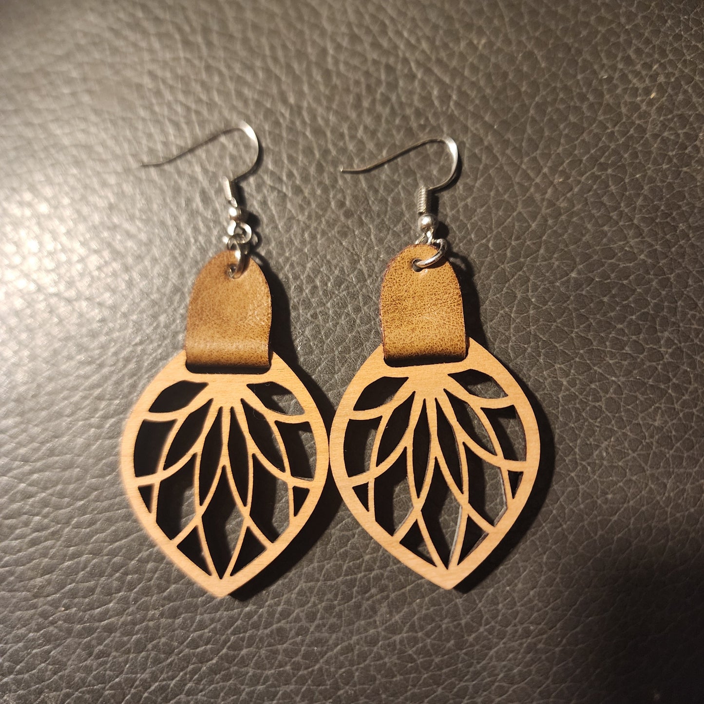 Wooden and Leather Leaf Handmade Earrings