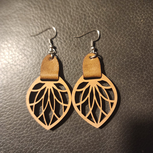 Wooden and Leather Leaf Handmade Earrings